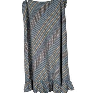 Jh Collectibles Blue linen skirt Pullon tie Waist to 36"Bias,ruffle,Stripe,EUC